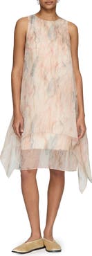 Lafayette 148 New York Gesture Print Layered Handkerchief Hem Silk Organza Dress
