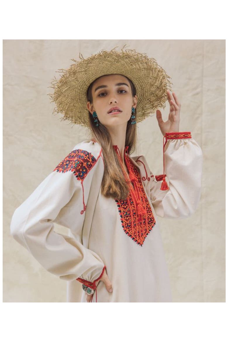 Afra Embroidered Cotton Caftan Dress, Alternate, color, Ecru