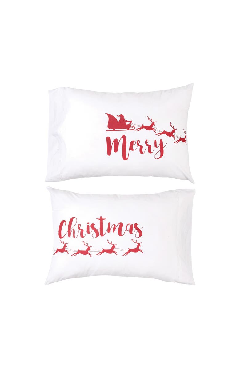 C&F Home "Merry Christmas" Santa Sleigh & Reindeer Cotton Blend Set of 2 Pillowcases 20" x 30", Main, color, White