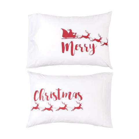 "Merry Christmas" Santa Sleigh & Reindeer Cotton Blend Set of 2 Pillowcases 20" x 30"