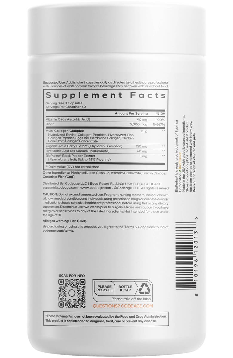 Codeage Multi Collagen+, Vit C, Biotin 5000mcg Supplement, Alternate, color, White