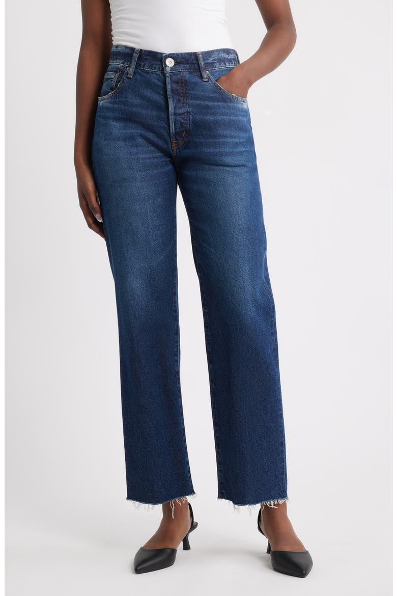 Medley Distressed Raw Hem Ankle Straight Leg Jeans, Main, color, DARK BLUE