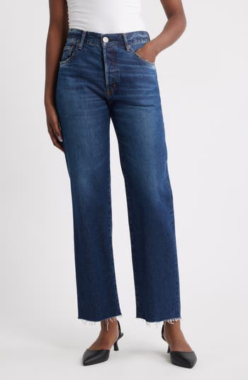 MOUSSY VINTAGE Medley Distressed Raw Hem Ankle Straight Leg Jeans in Dark Blue at Nordstrom Rack, Size 30