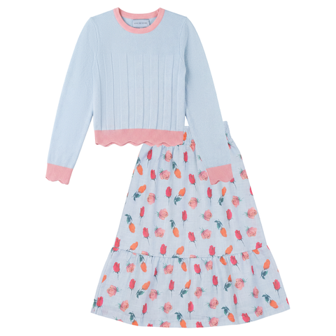 Floral Rose Skirt and Scalloped Knit Top 2-Piece Set