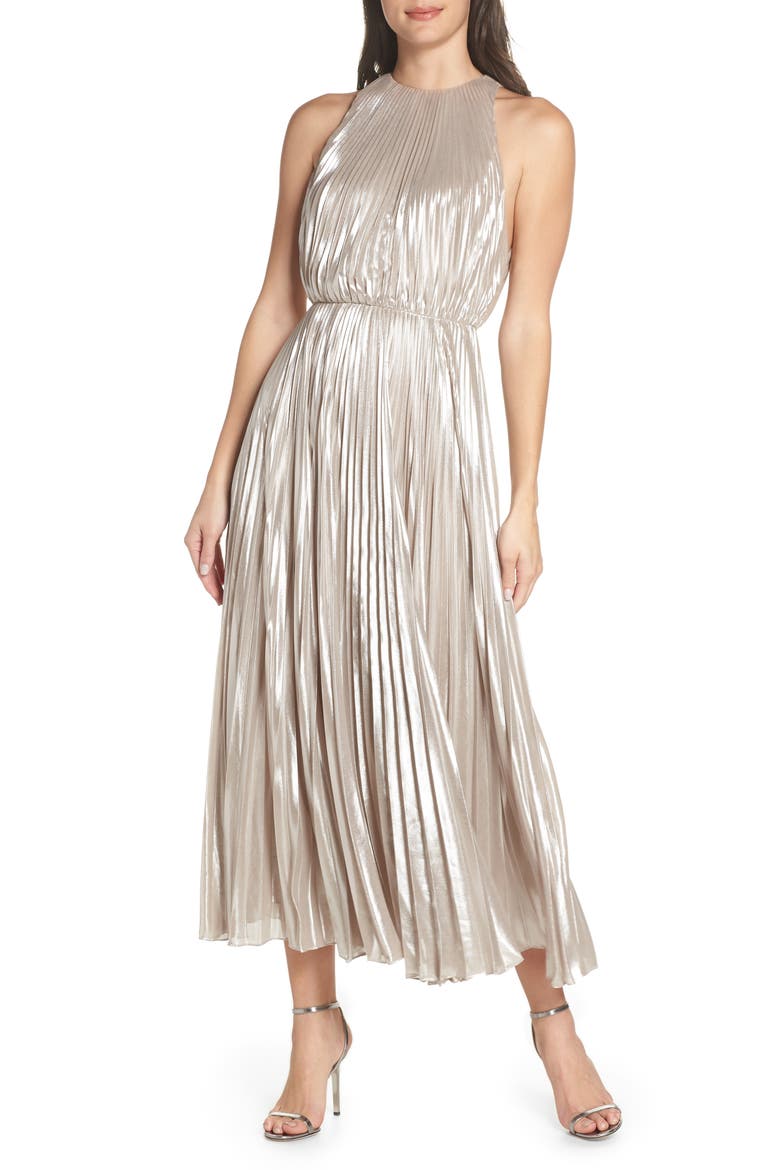 Pleated Metallic Dress, Main, color, CHAMPAGNE
