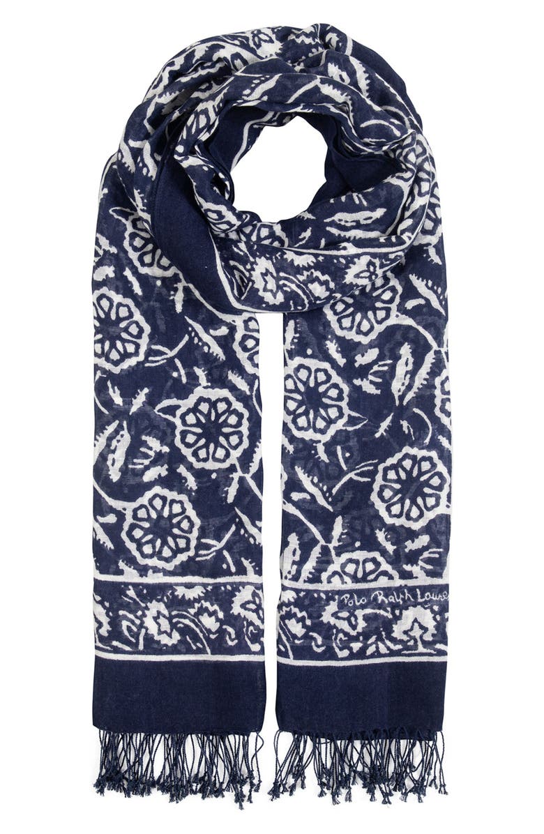 Polo Ralph Lauren Floral Block Print Scarf, Main, color, Indigo