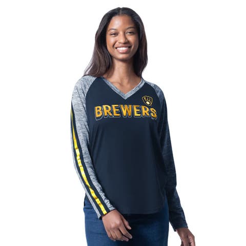 Women's G-III 4Her by Carl Banks Navy Milwaukee Brewers Top Dog Raglan Long Sleeve V-Neck T-Shirt