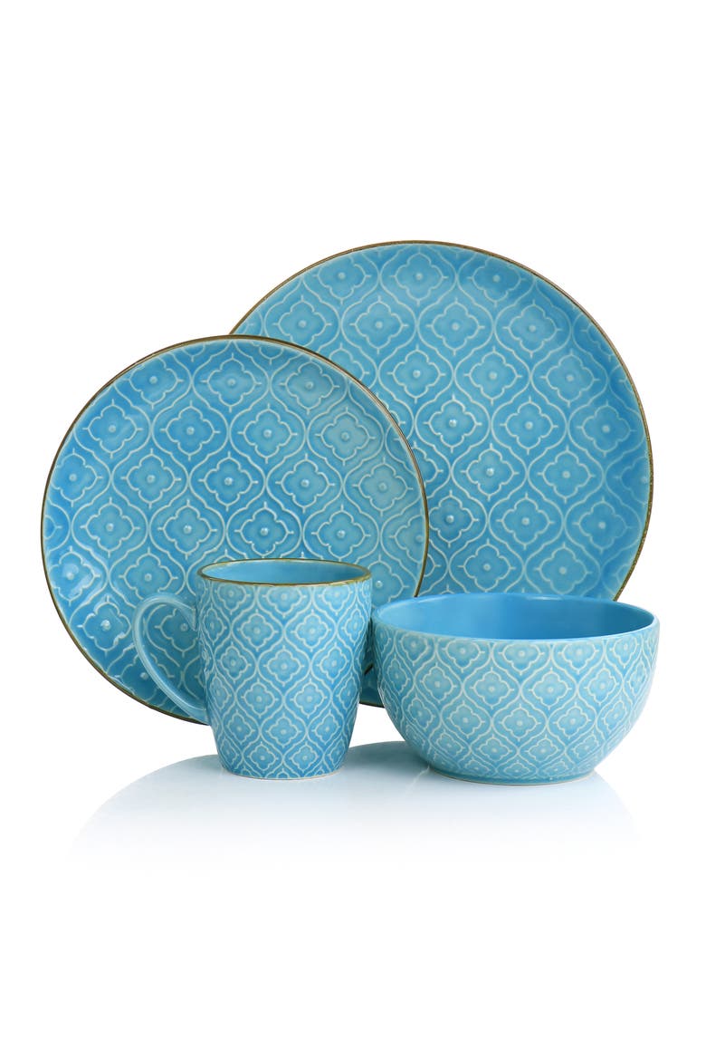 Aqualite 16 Piece Embossed Stoneware Dinnerware Set, Alternate, color, Teal