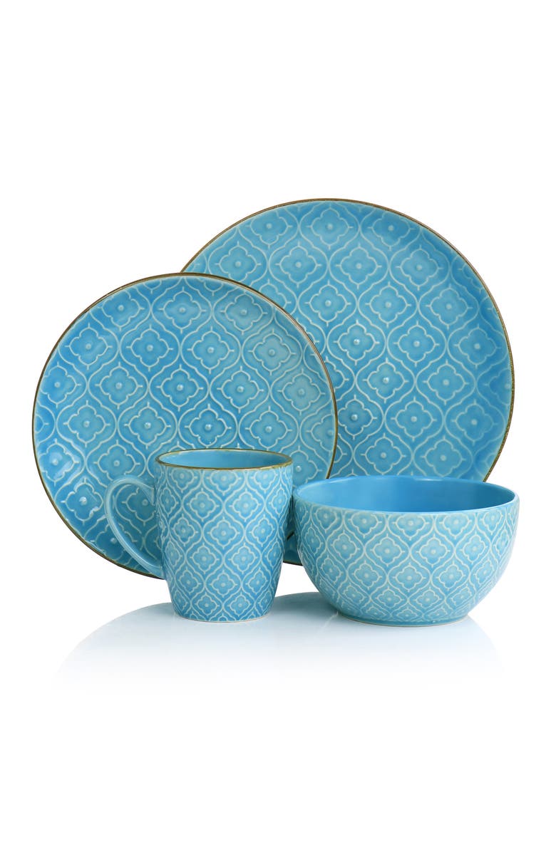 Elama Aqualite 16 Piece Embossed Stoneware Dinnerware Set, Alternate, color, Teal