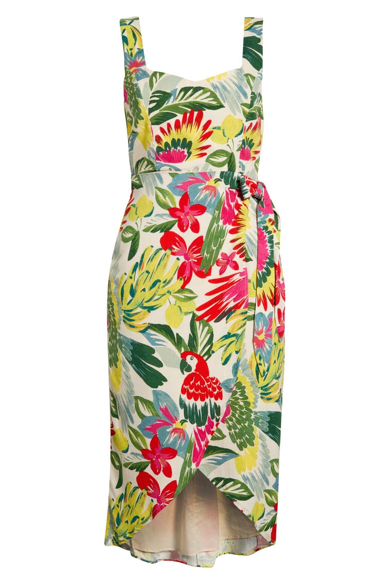 Wissa Tropical Faux Wrap Midi Sundress, Alternate, color, BRIGHT-MULTI