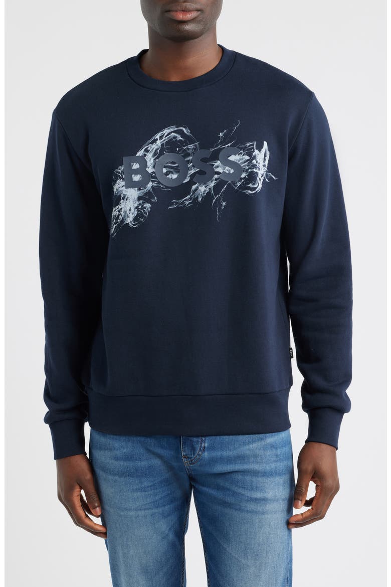Soleri Abstract Graphic Cotton Fleece Crewneck Sweatshirt, Main, color, DARK BLUE