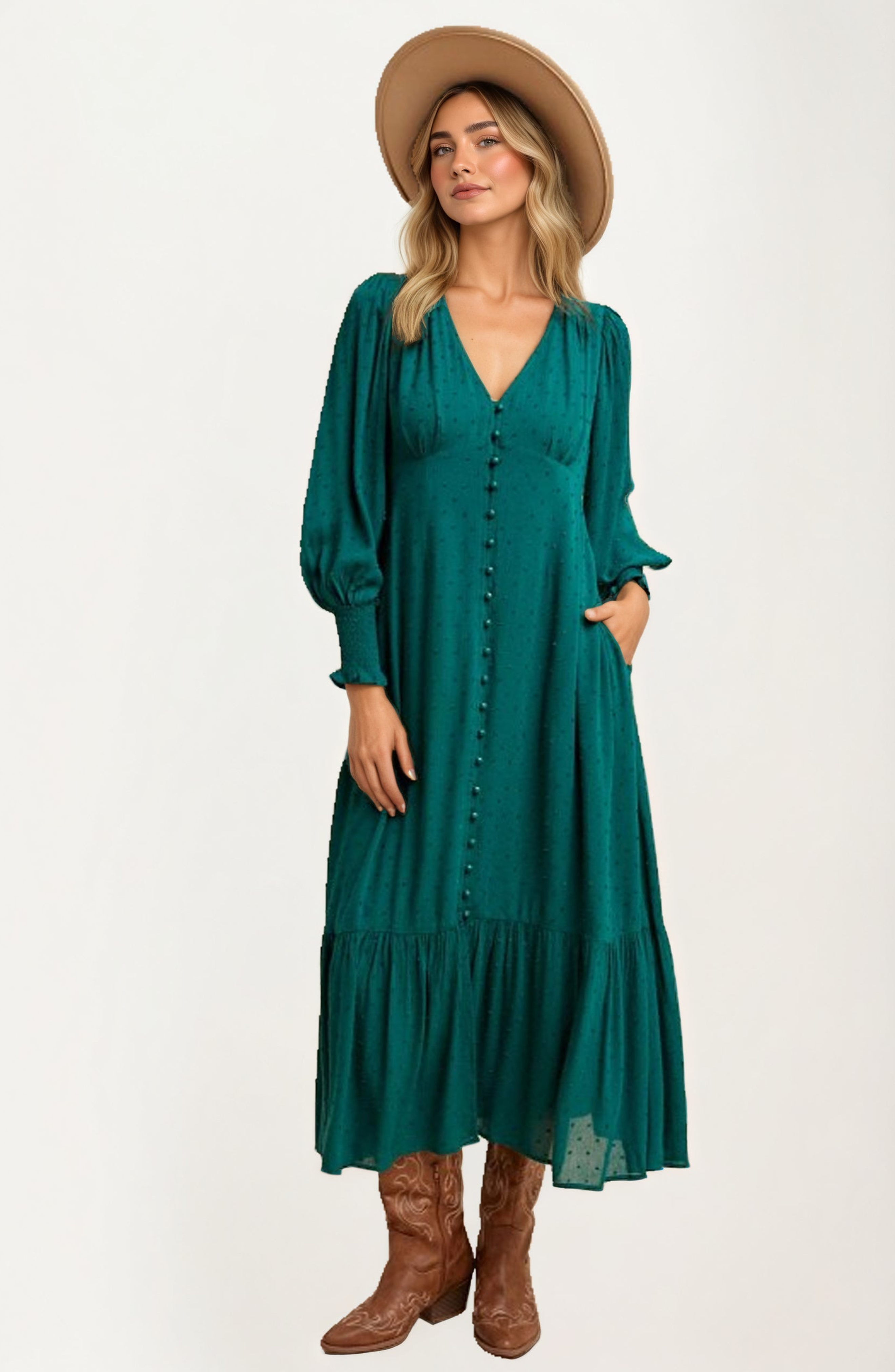 Button Front Puff Sleeve Maxi Dress