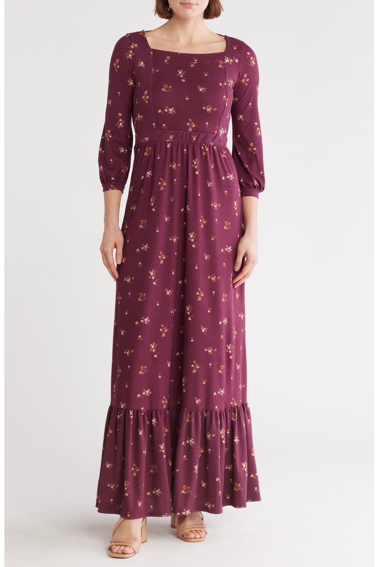 Square Neck Maxi Dress, Main, color, MAROON FLORAL RIB PRINT