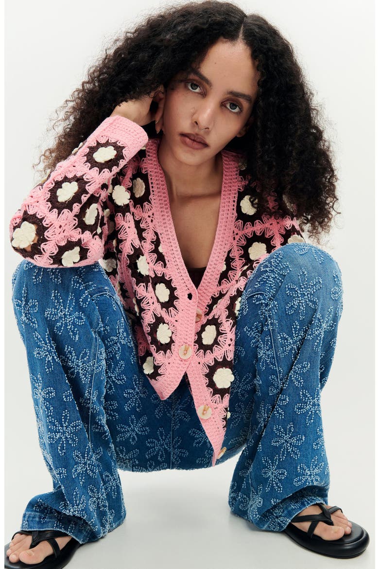 Granny Square Cotton Blend Crochet Cardigan, Alternate, color, DARK PINK
