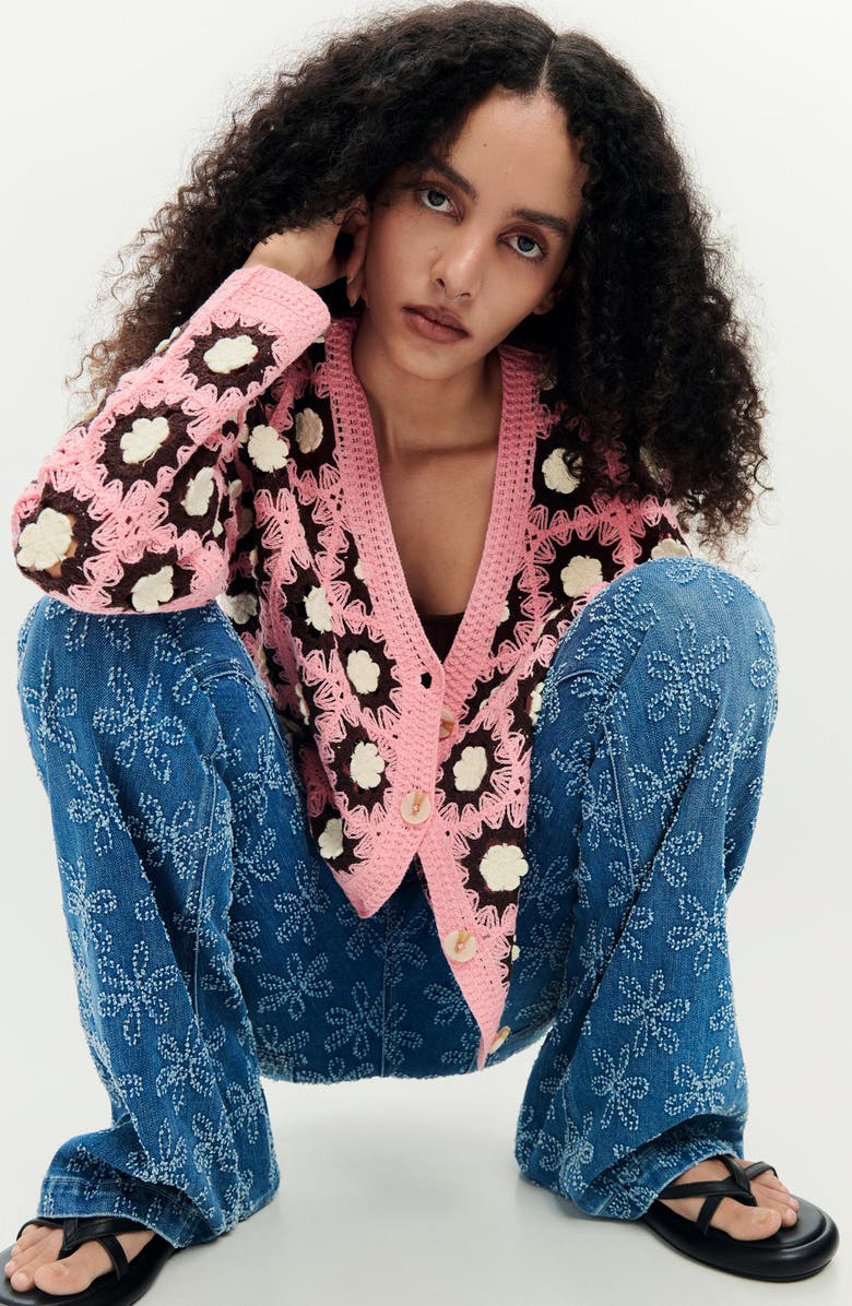 Desigual Granny Square Cotton Blend Crochet Cardigan, Alternate, color, Dark Pink