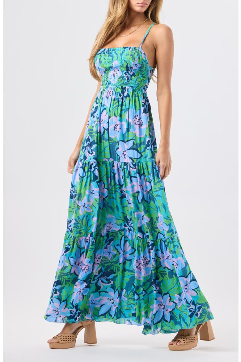 Kailani Floral Smocked Tiered Maxi Dress, Alternate, color, HONDURAS SKY