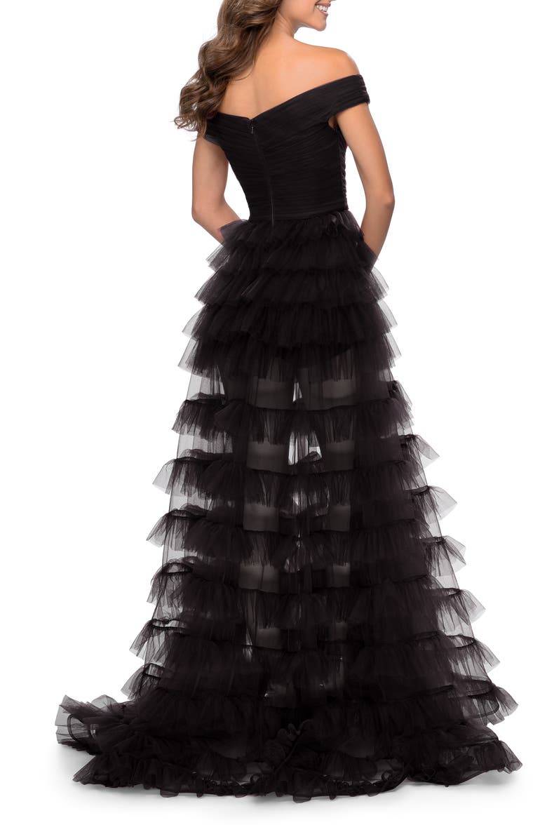 La Femme Sheer Layered Tulle Off the Shoulder Prom Gown, Alternate, color, Black