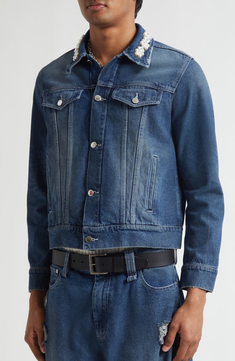 Simone Rocha Faux Pearl Trim Denim Trucker Jacket, Alternate, color, Distressed Blue/ Pearl/ Clear