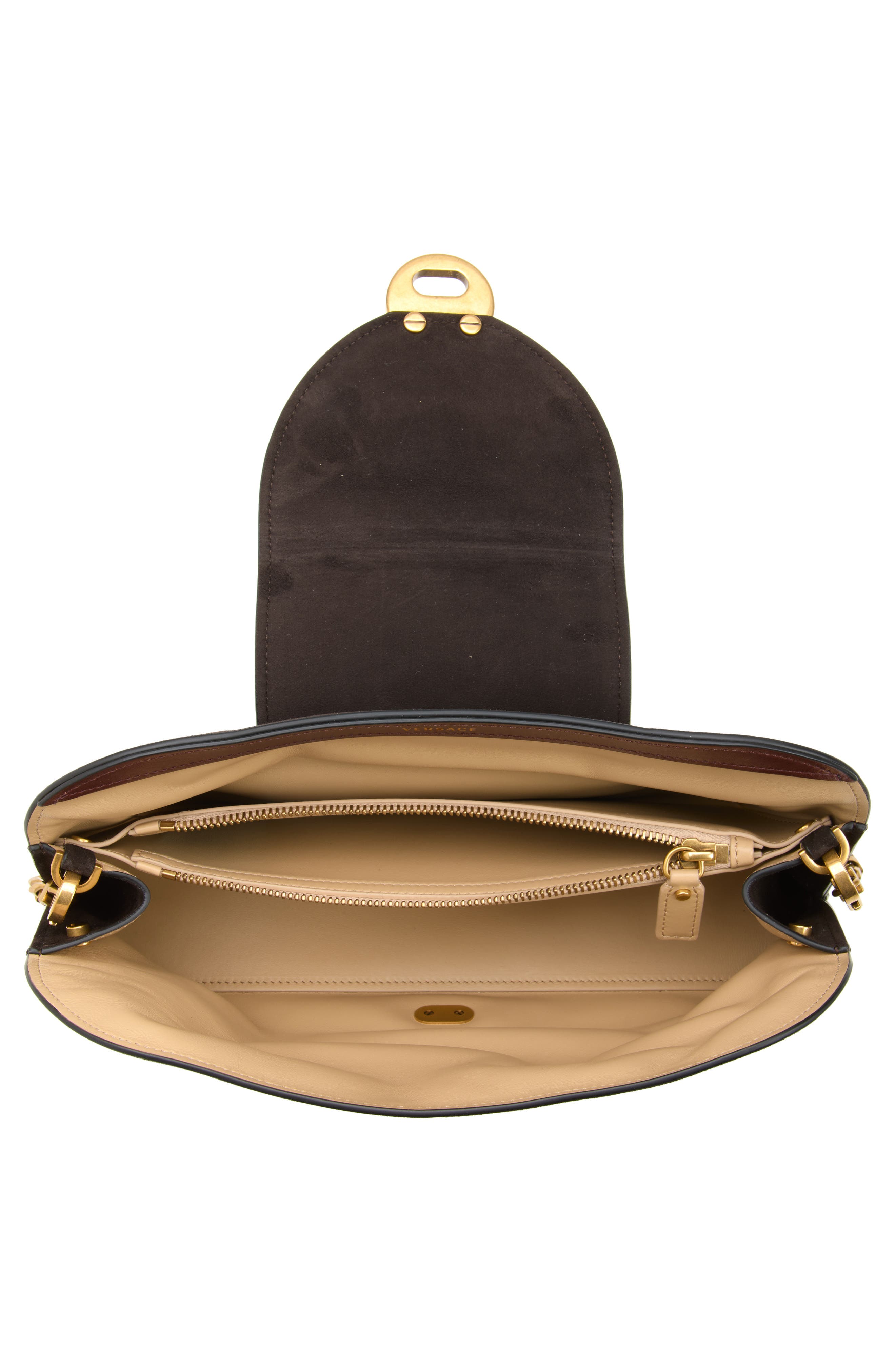 Medusa Suede Clutch, Alternate, color, MOKA GOLD