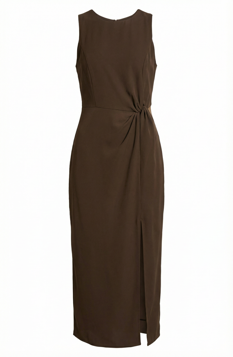 Modenaire Sleeveless Side Twist Front Slit Midi Dress, Alternate, color, Brown