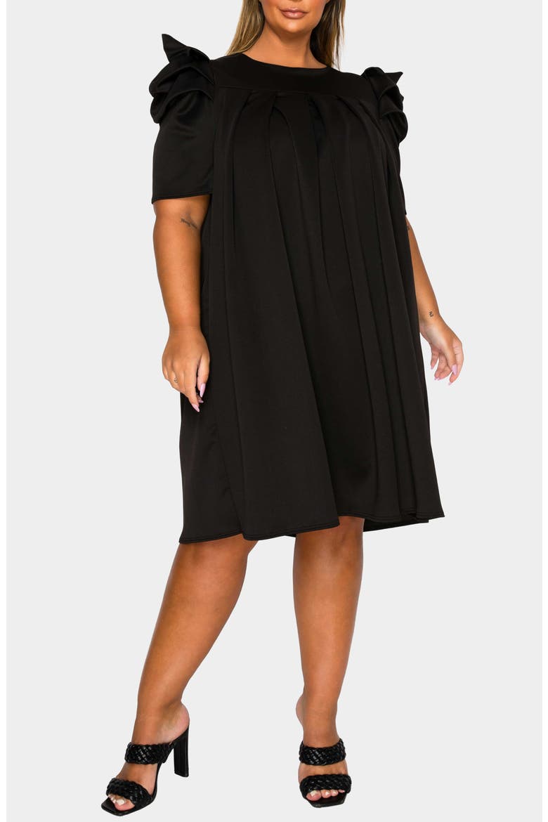 Zaya Puff Sleeve Pleated Shift Dress, Main, color, BLACK