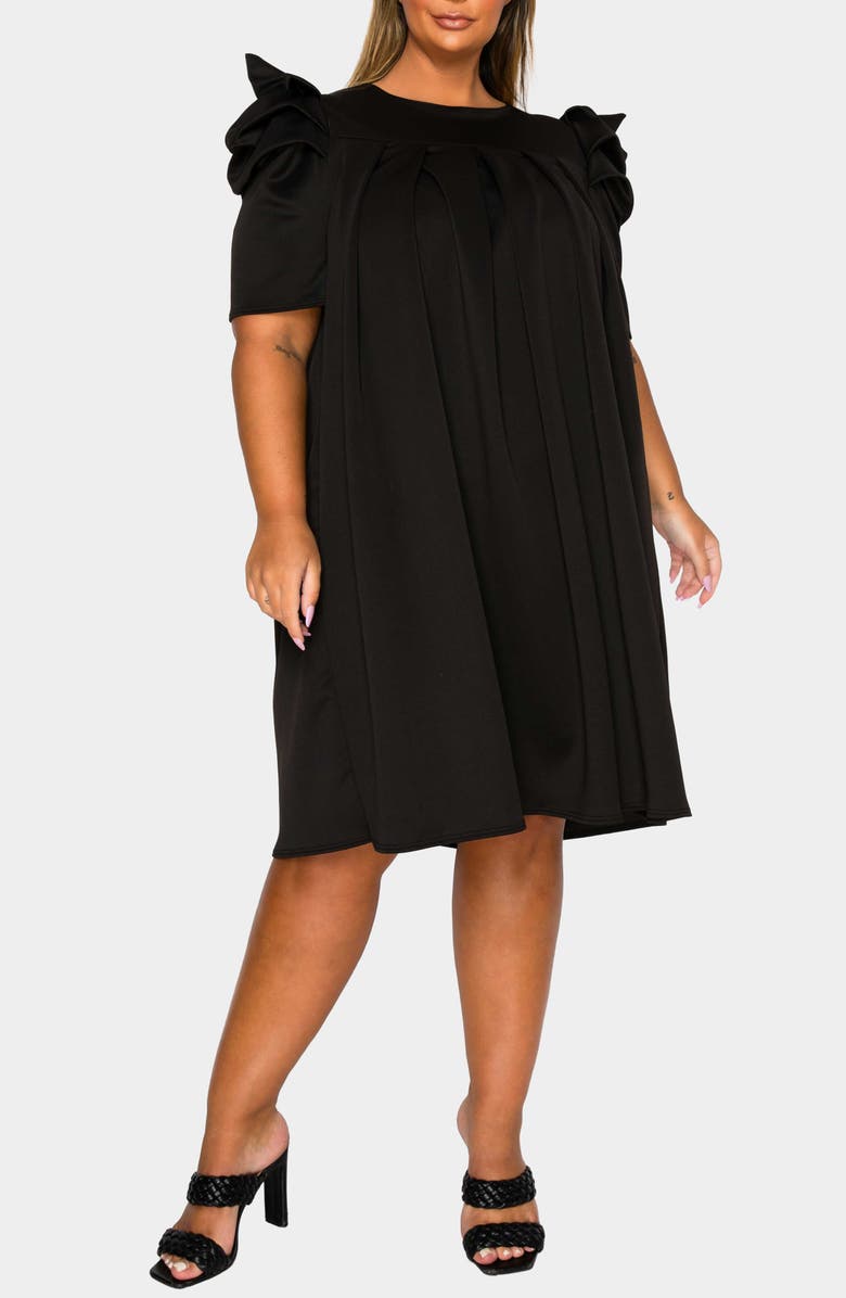 L I V D Zaya Puff Sleeve Pleated Shift Dress, Main, color, Black