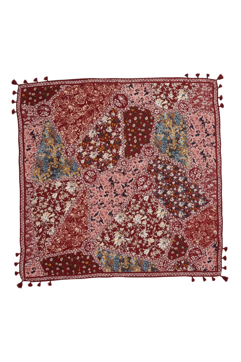 Floral Print Tassel Silk Scarf, Alternate, color, RED PATCHED HEIRLOOM