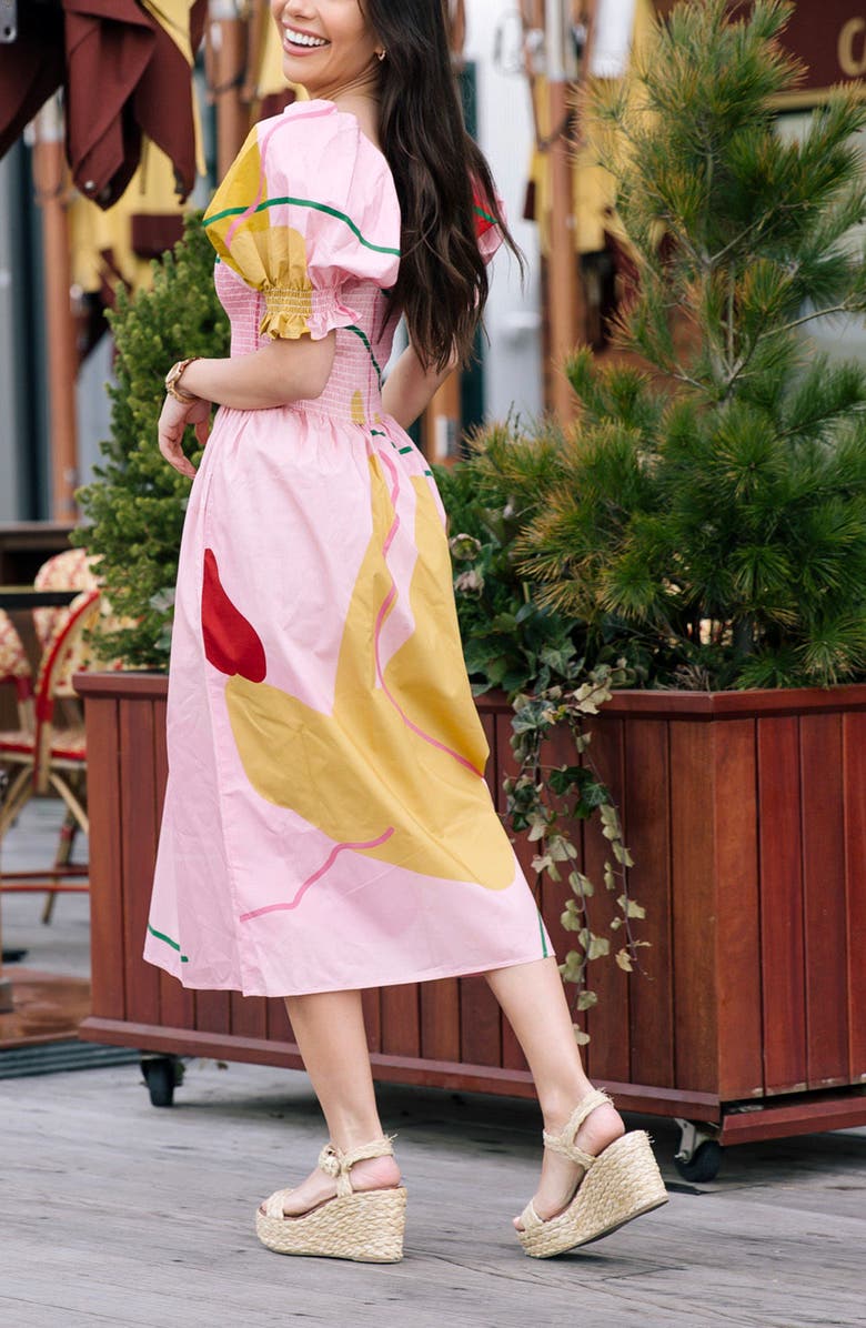 Jessie Zhao New York Valentina Abstract Smocked Pink Midi Dress, Alternate, color, 