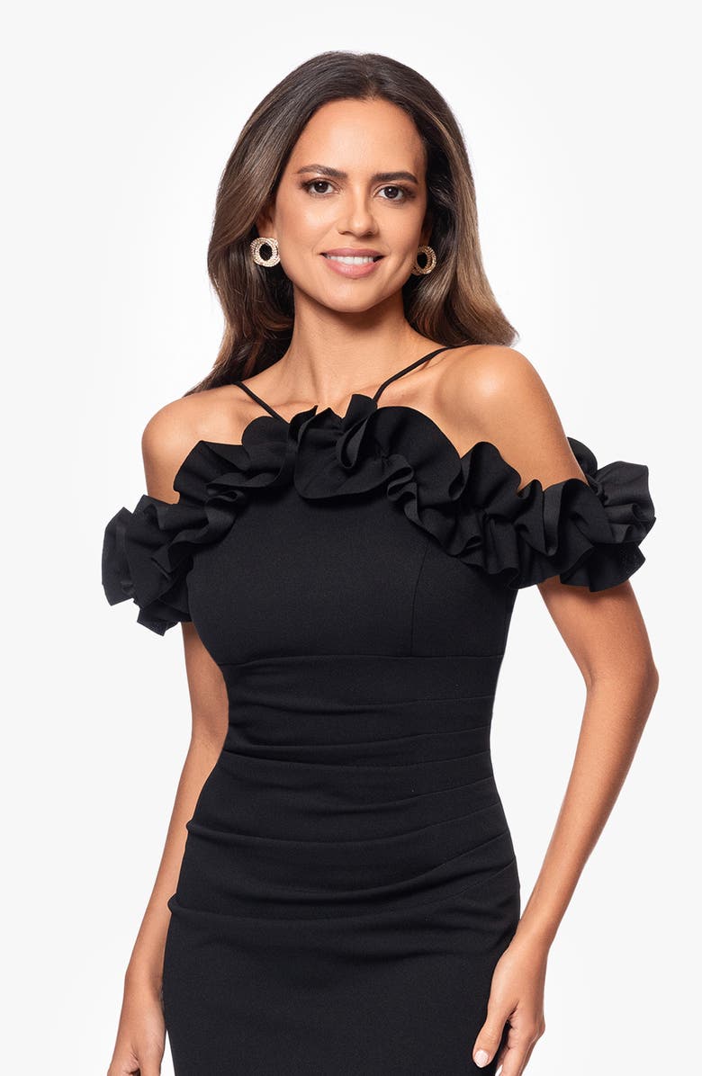 Xscape Evenings Ruffle Detail Crepw Body-Con Gown, Alternate, color, Black