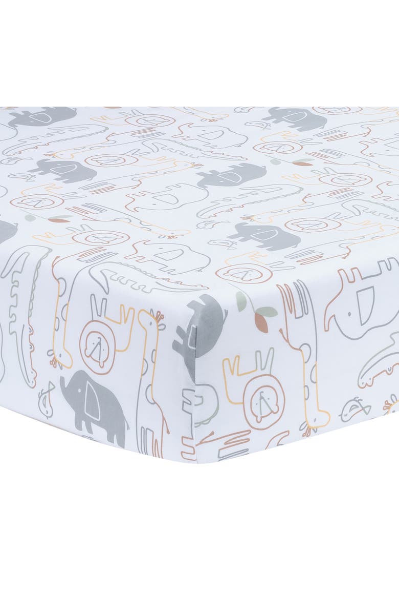 Lambs & Ivy Jungle Story 100% Cotton Safari Baby Fitted Crib Sheet, Main, color, White Multi