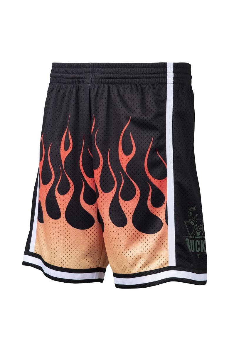 Mitchell & Ness Men's Mitchell & Ness Black Milwaukee Bucks 2000/01 Flames Swingman Shorts, Alternate, color,
