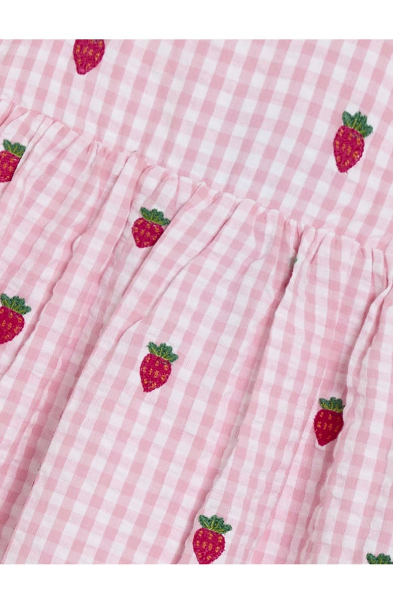Gingham Check Strawberry Embroidered Cotton Seersucker Dress
