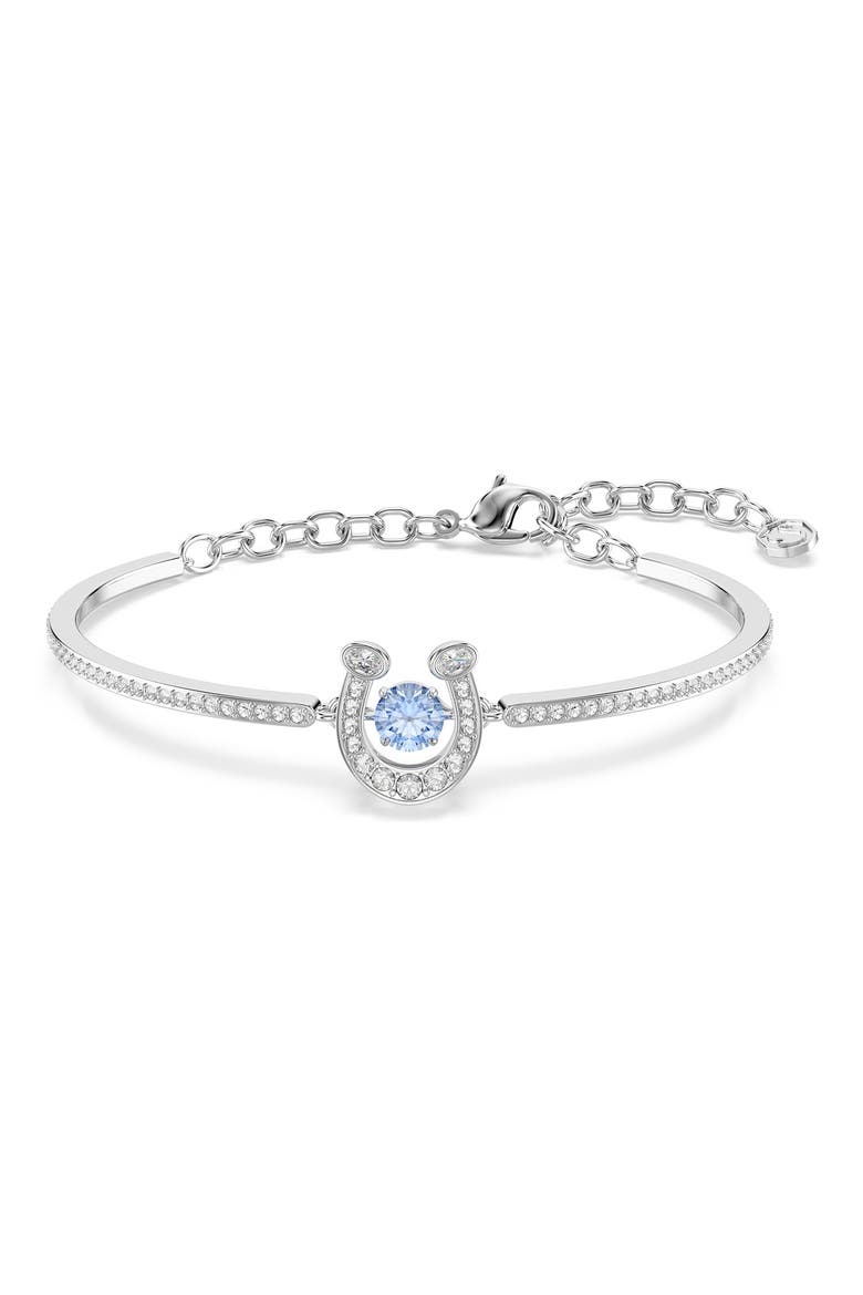 Symbolica Swarovski Dancing Crystal Horseshoe Bangle Bracelet, Main, color, SILVER/ BLUE