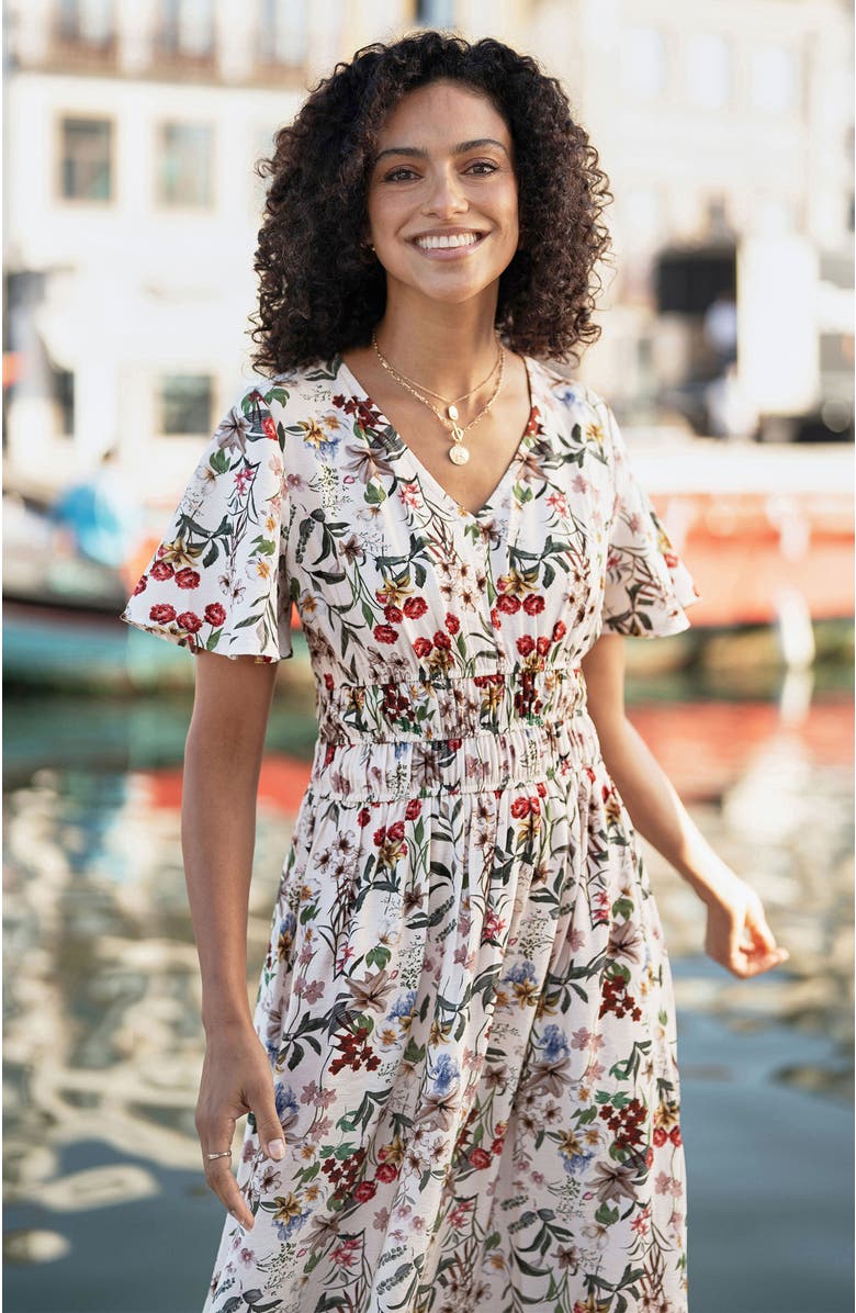 Yumi Botanical Print Midi Dress, Alternate, color, Ivory