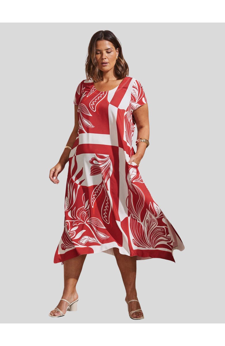 Live Unlimited Abstract Leaf Print Hanky Hem Dress, Main, color, Red