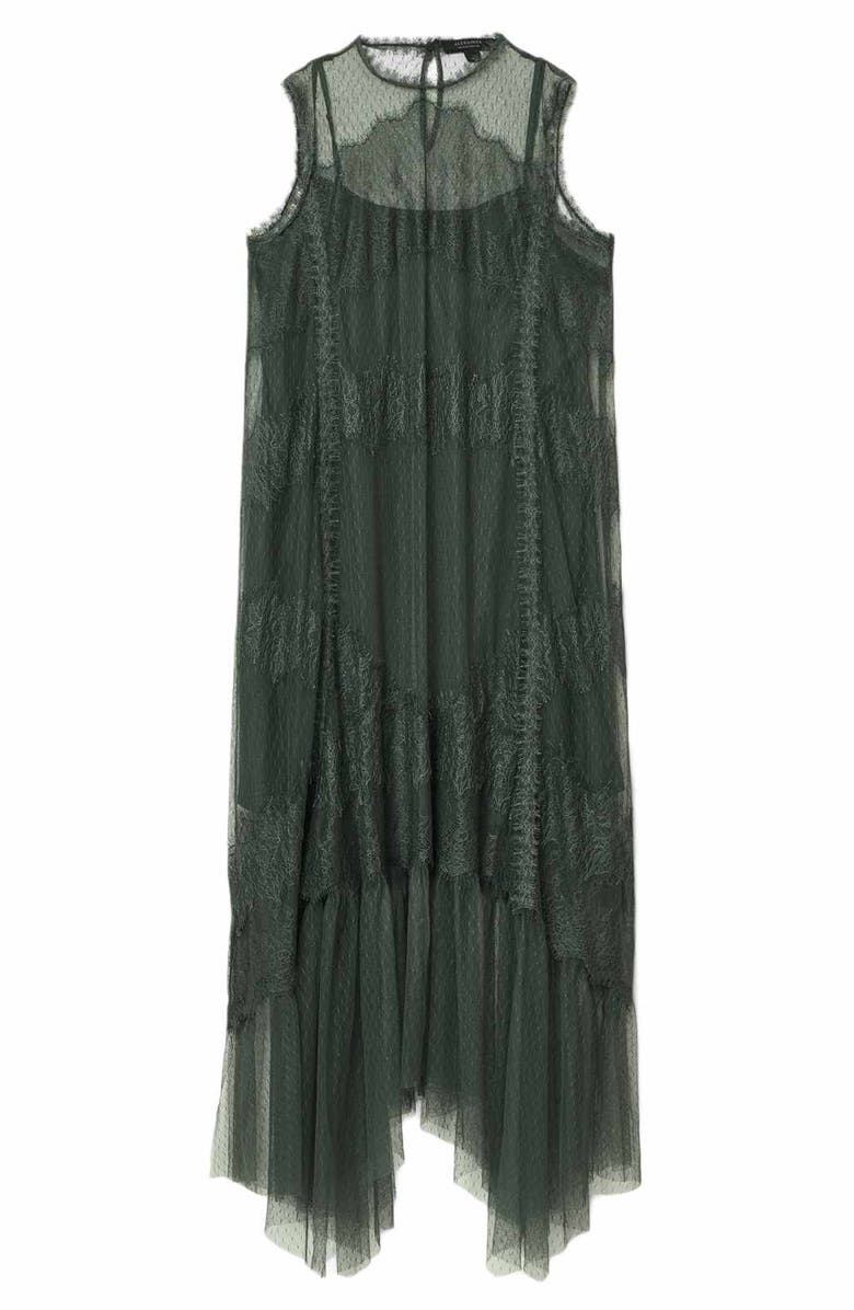 AllSaints Clara Sheer Lace Sleeveless Handkerchief Hem Dress, Alternate, color, Emerald Green