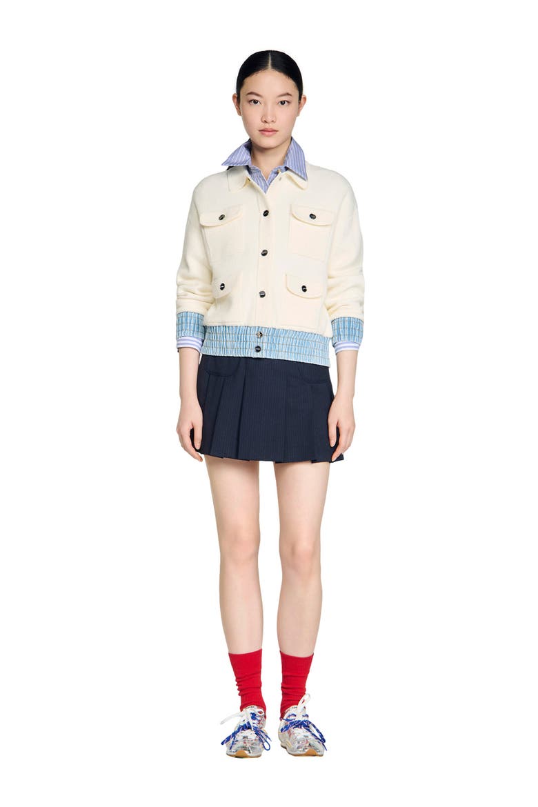 Cardigan with denim details, Alternate, color, Ecru