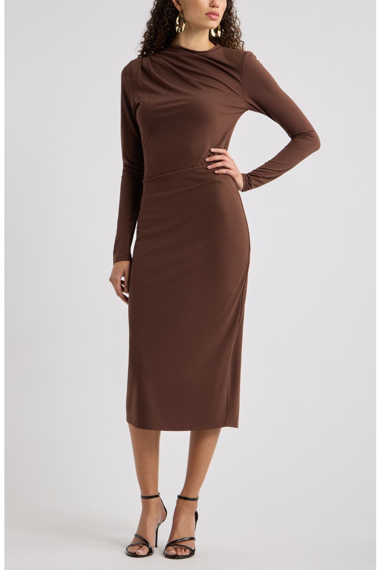Pleated Long Sleeve Knit Midi Dress, Main, color, BROWN BITTER