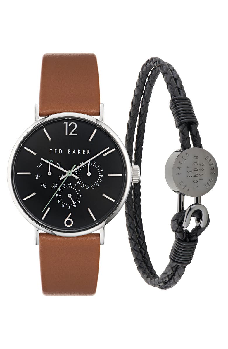 Ted Baker Phylipa Chronograph Leather Strap Watch & Bracelet Set, 41mm, Main, color, Black/ Stainless Steel
