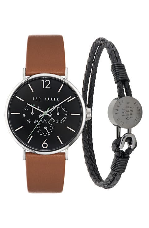 Phylipa Chronograph Leather Strap Watch & Bracelet Set, 41mm