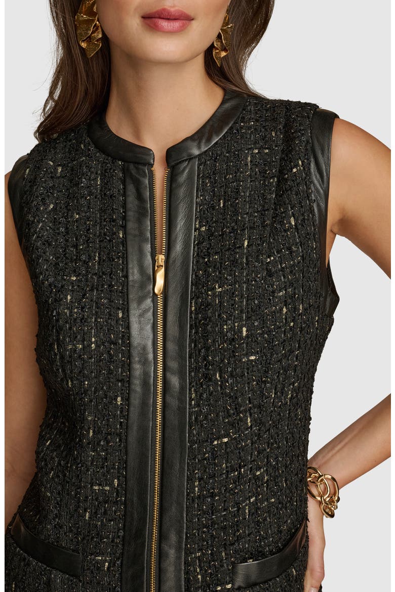 Sleeveless Faux Leather Trim Tweed Dress, Alternate, color, BLACK