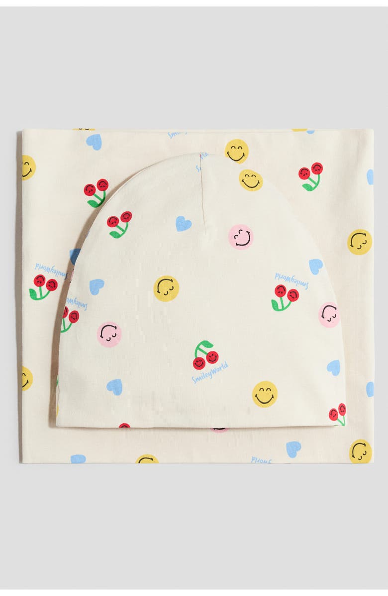 H&M 2-piece Beanie And Tube Scarf Set, Alternate, color, Cream/Smileyworld®
