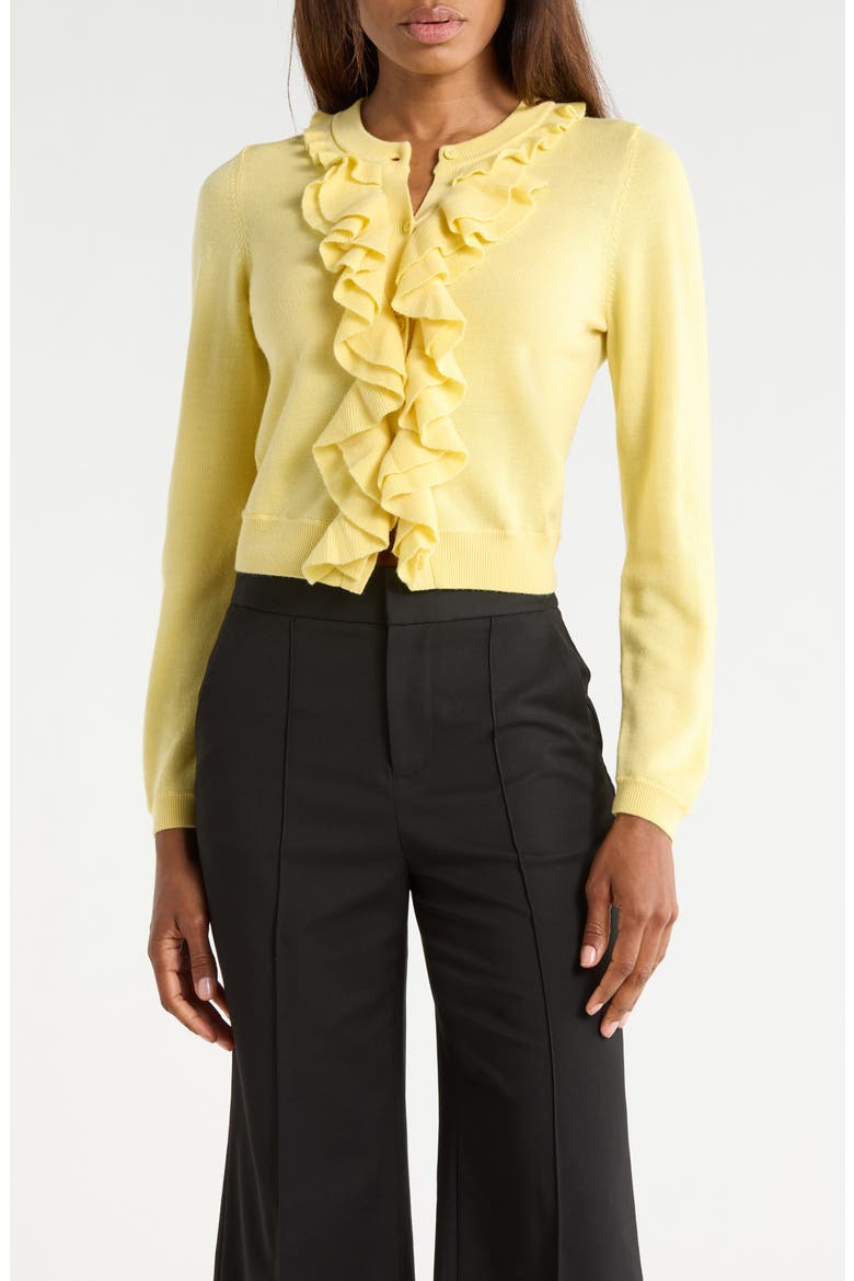 Dollie Ruffle Trim Cardigan, Main, color, BUTTER
