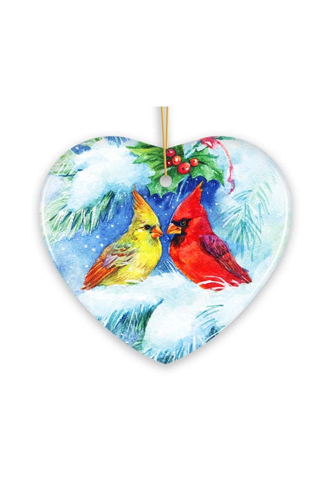 Watercolor Cardinal Pair Heart Ornament