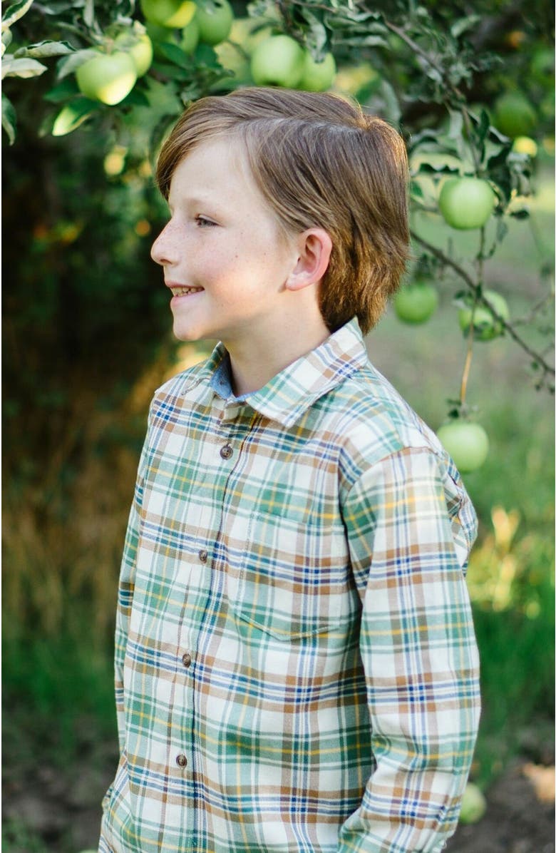 Hope & Henry Boys' Organic Flannel Shirt, Kids, Alternate, color, Camel And Green Plaid