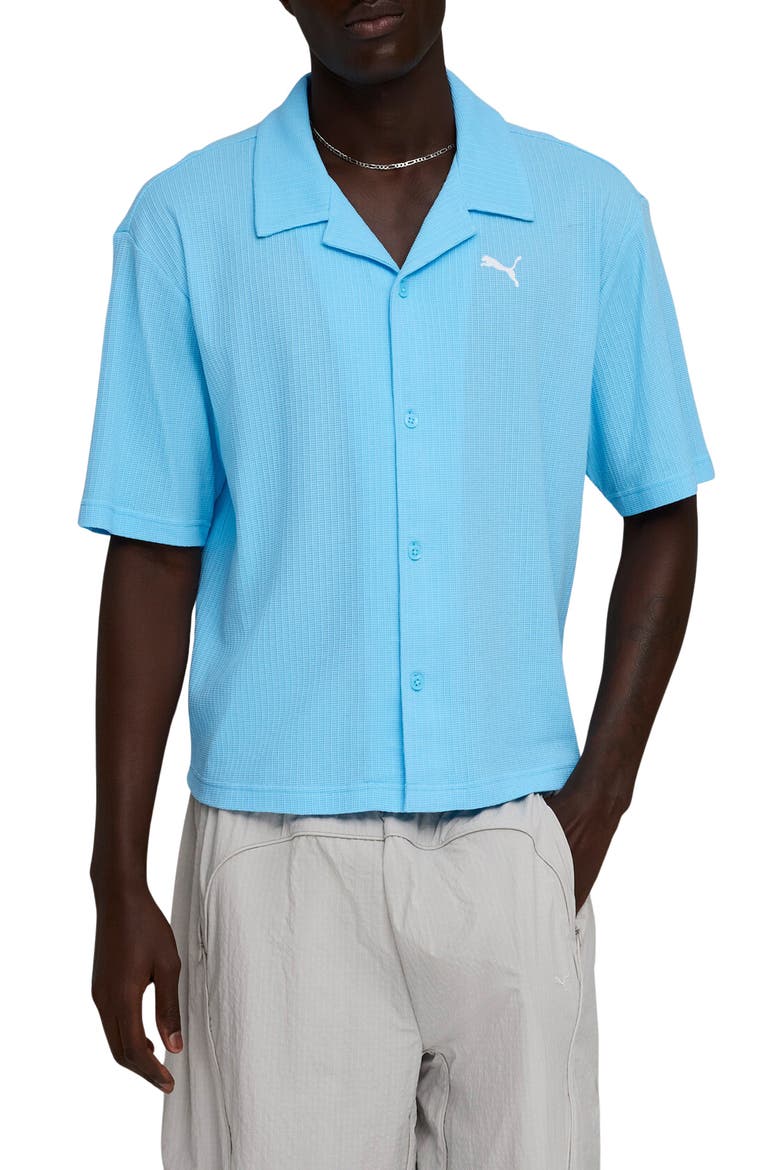 Wardrobe Essentials Waffle Knit Boxy Button-Up Shirt, Main, color, VIBRANT BLUE