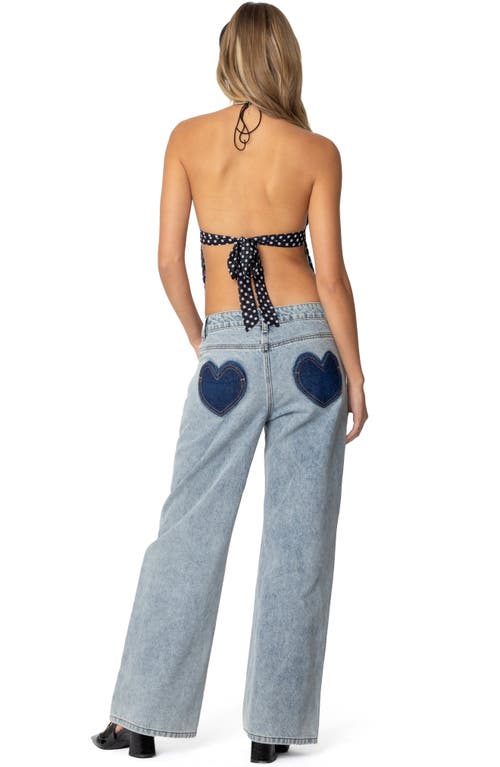 Shop Edikted Contrast Heart Low Rise Wide Leg Jeans In Blue-washed