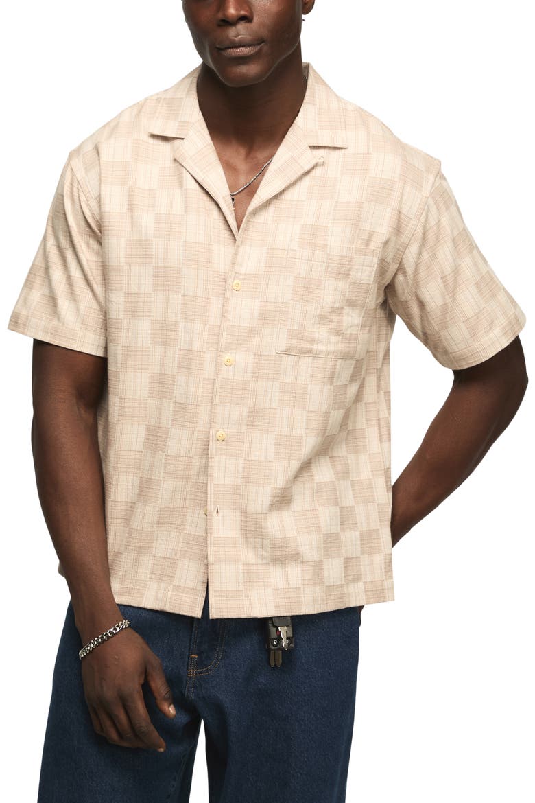 Checker Cotton Blend Camp Shirt, Main, color, BEIGE