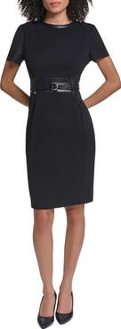 KARL LAGERFELD PARIS Faux Leather Detail Belted Scuba Crepe Sheath Dress