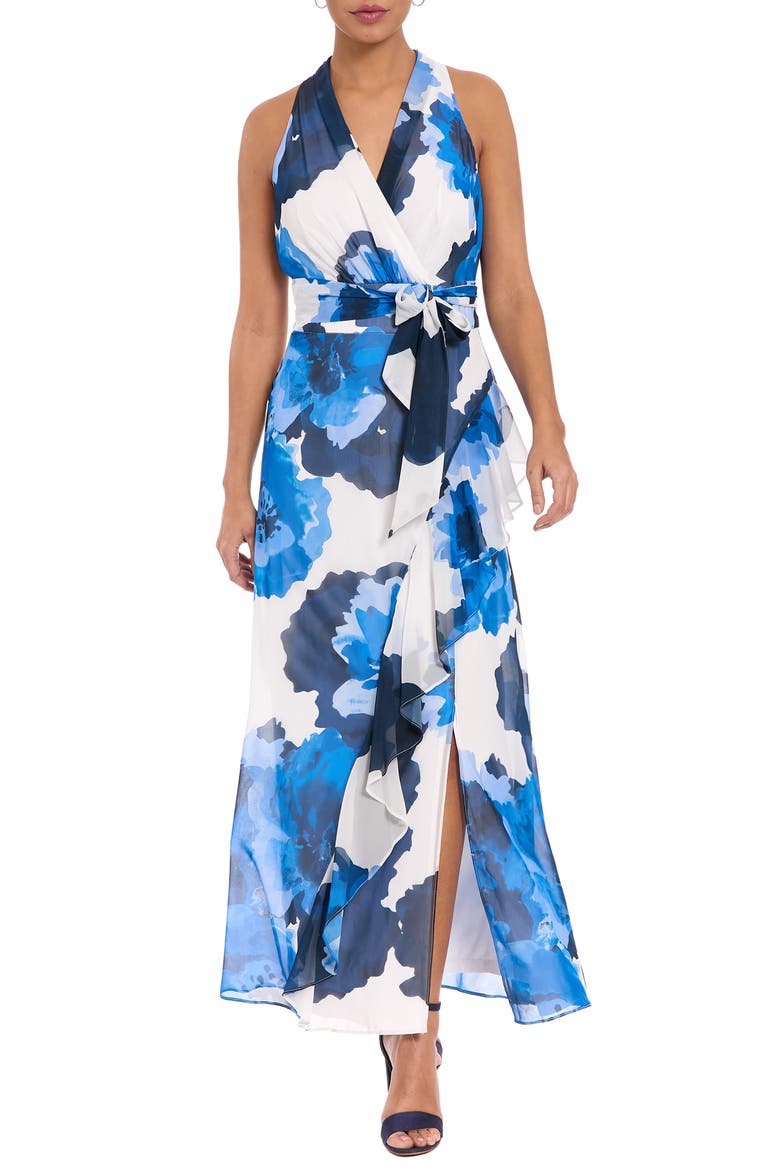 Floral Halter Tie Belt Maxi Sheath Dress, Main, color, SOFT WHITE/ BRIGHT BLUE